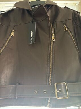 Chocolate brown faux leather moto biker jacket from Fashion Nova.